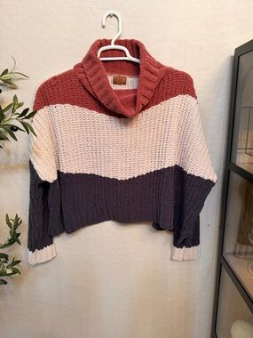 POL Cozy Colorblock Cowl Neck Sweater - Rust, Cream & Charcoal